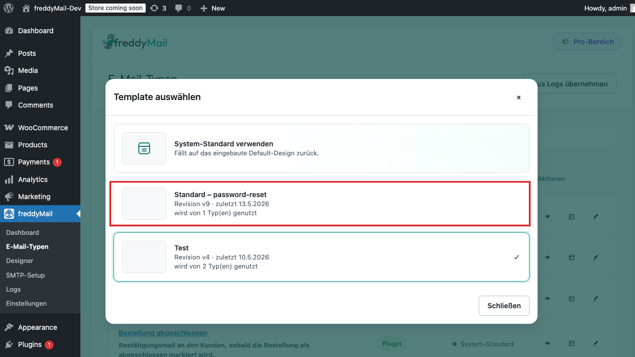 Zuordnungsmodal mit Vorlagen-Picker