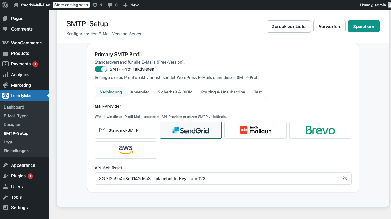 SendGrid-API-Key-Feld in FreddyMail
