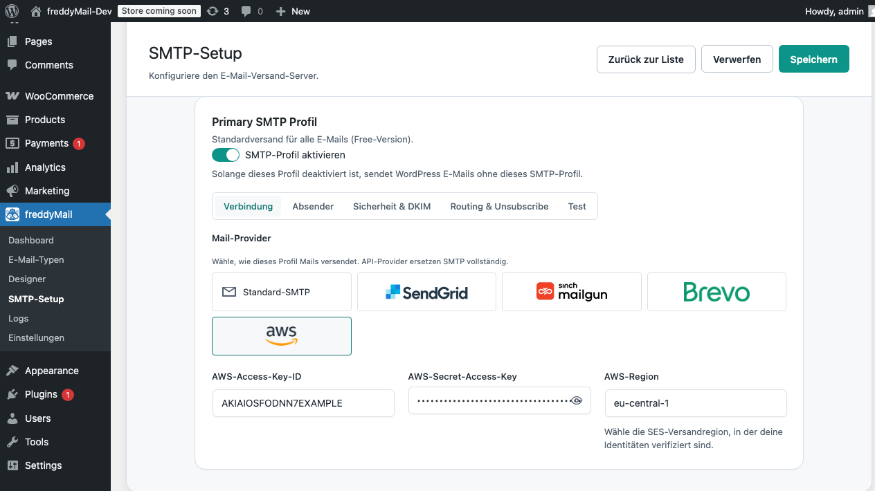 Amazon SES Region-Dropdown in FreddyMail