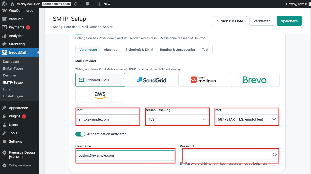 Eingabefelder für Standard-SMTP-Verbindung