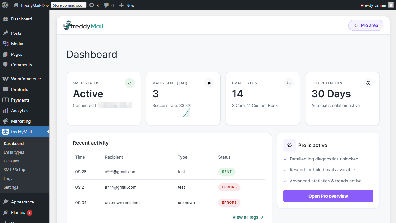 FreddyMail WordPress Email-Log, SMTP-Status und WooCommerce E-Mail Dashboard