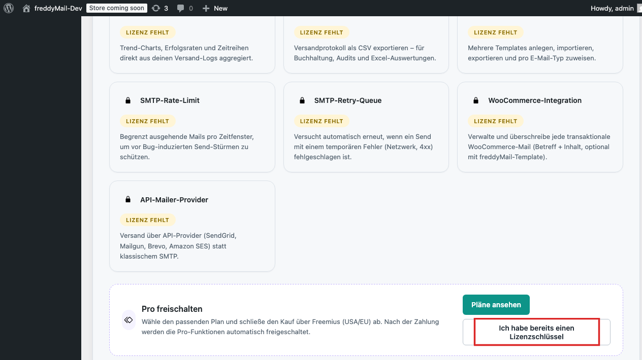 FreddyMail Upgrade-Übersicht mit Button zum Einlösen eines vorhandenen Schlüssels