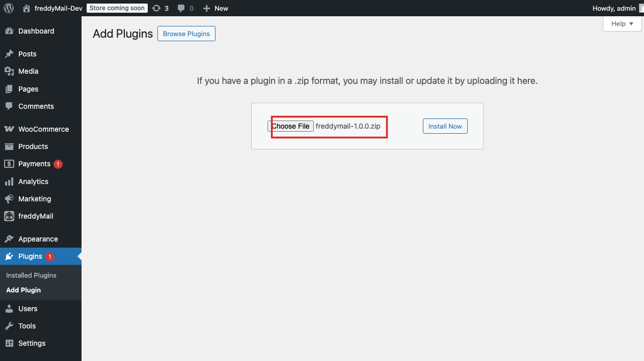 WordPress Plugin-Upload-Seite mit ausgewählter FreddyMail-ZIP