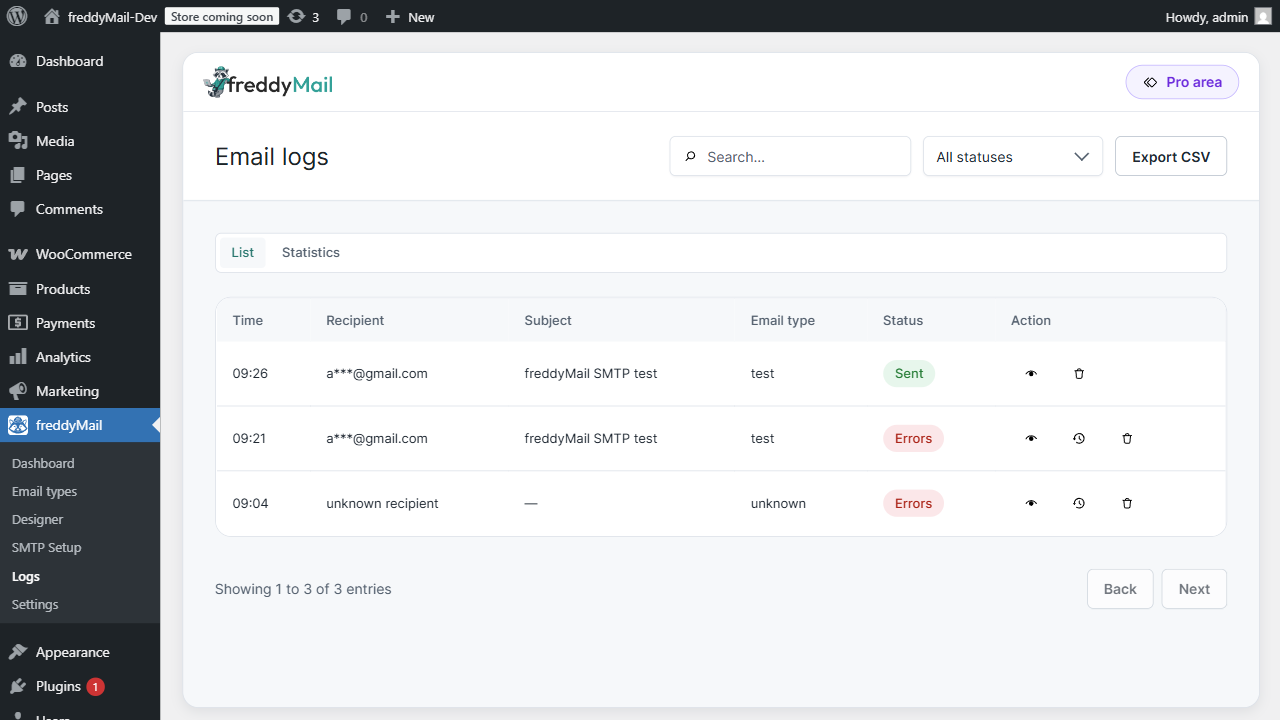 FreddyMail Logs-Tab mit Versandhistorie
