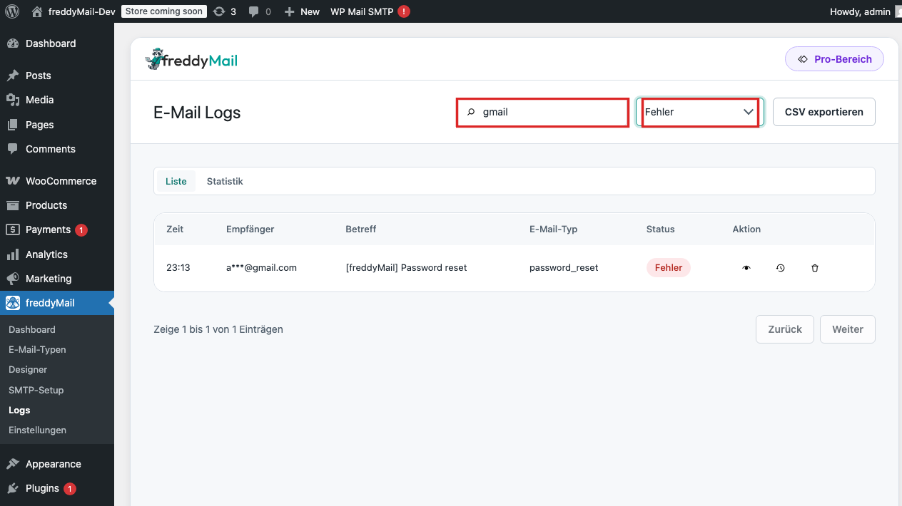 Filter-Bar des Logs-Tabs