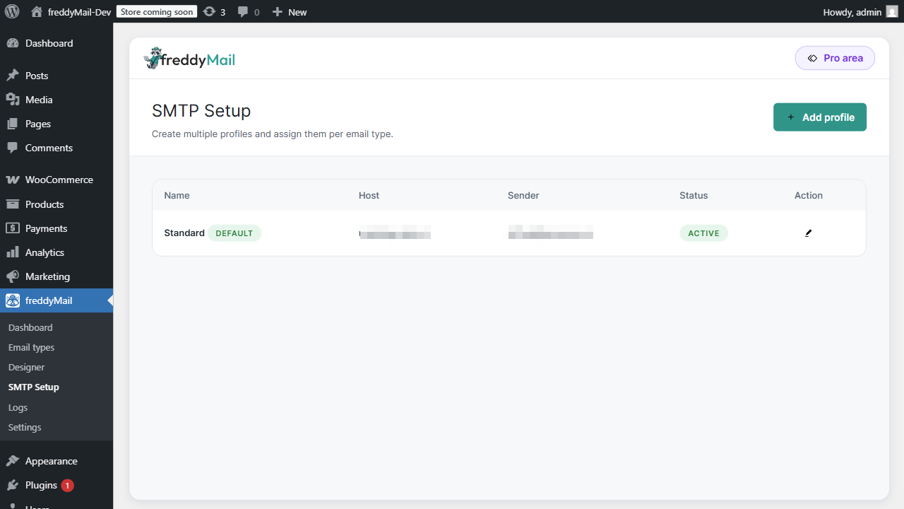 FreddyMail SMTP setup screenshot