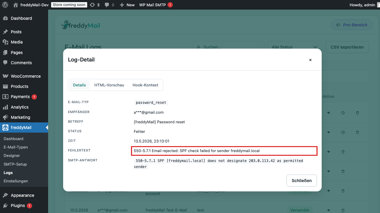 Fehlermeldung 550-5.7.1 SPF fail im Log